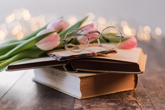 Artistic composition of vintage books, eyeglasses, and pink tulips on a wooden table with bokeh lights.